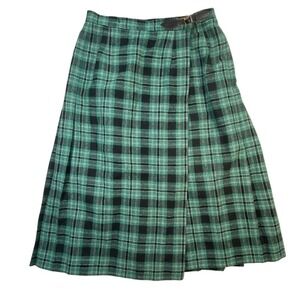 Pendleton Wool Plaid Skirt Vintage 100% Virgin Wool Green‎ Black Belted XS kilt